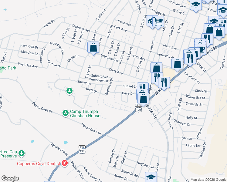 map of restaurants, bars, coffee shops, grocery stores, and more near 1403 Bluffdale Street in Copperas Cove