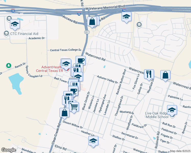 map of restaurants, bars, coffee shops, grocery stores, and more near 2401 Black Orchid Drive in Killeen
