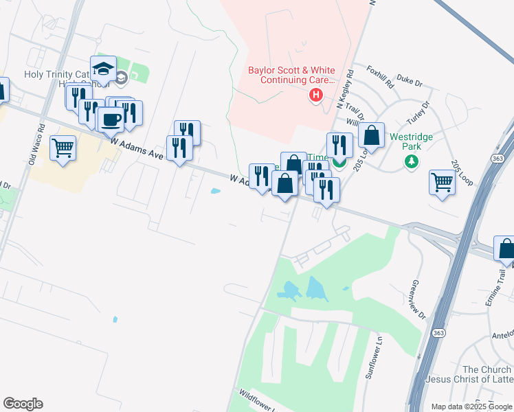 map of restaurants, bars, coffee shops, grocery stores, and more near 50 South Kegley Road in Temple