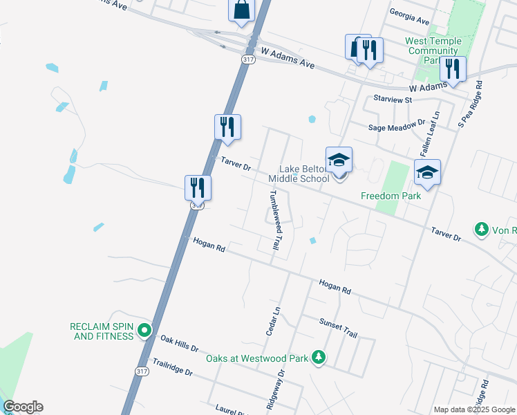 map of restaurants, bars, coffee shops, grocery stores, and more near 9115 Lonesome Oak Drive in Temple