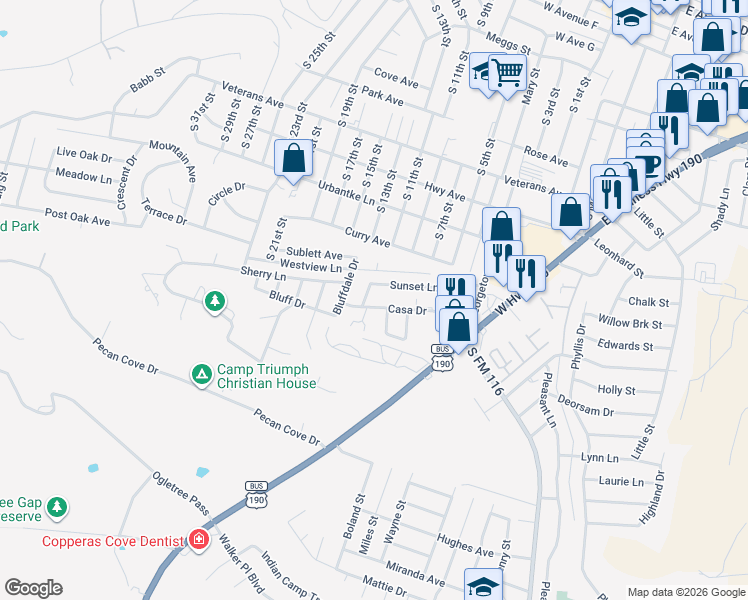 map of restaurants, bars, coffee shops, grocery stores, and more near 610 Casa Drive in Copperas Cove