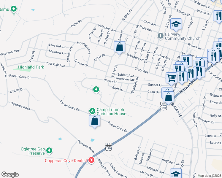 map of restaurants, bars, coffee shops, grocery stores, and more near 1506 Hillside Street in Copperas Cove