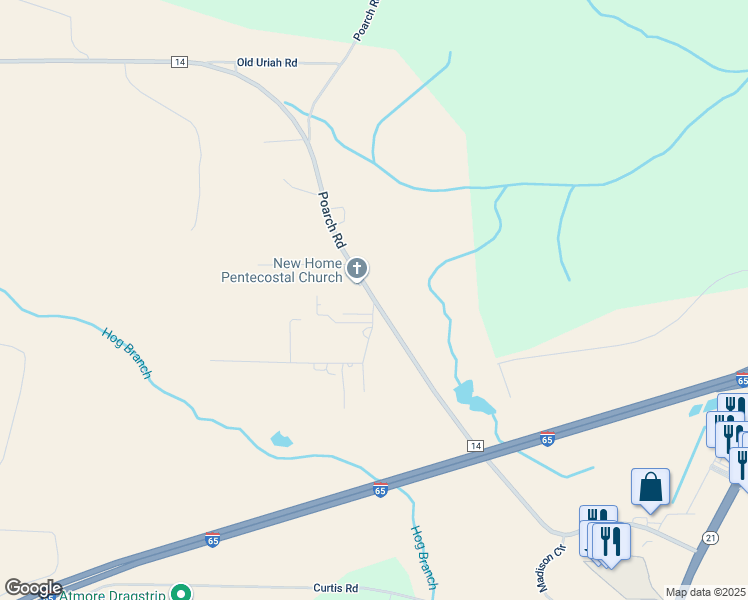 map of restaurants, bars, coffee shops, grocery stores, and more near 845 Poarch Road in Atmore