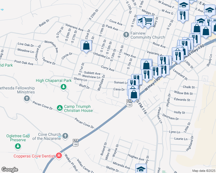 map of restaurants, bars, coffee shops, grocery stores, and more near 611 Sunset Lane in Copperas Cove