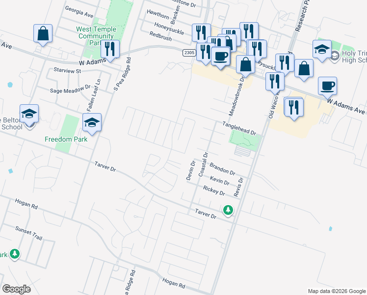 map of restaurants, bars, coffee shops, grocery stores, and more near 8122 Iron Gate Drive in Temple