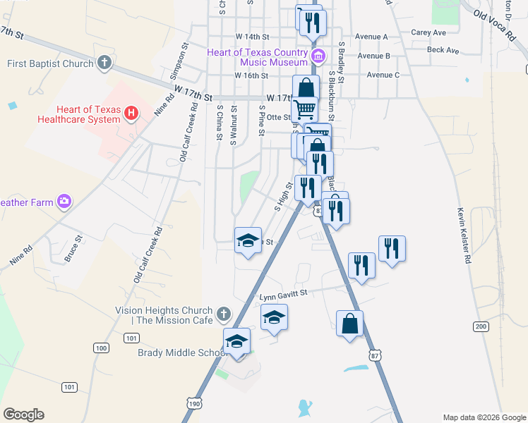 map of restaurants, bars, coffee shops, grocery stores, and more near 2104 Stanton Street in Brady