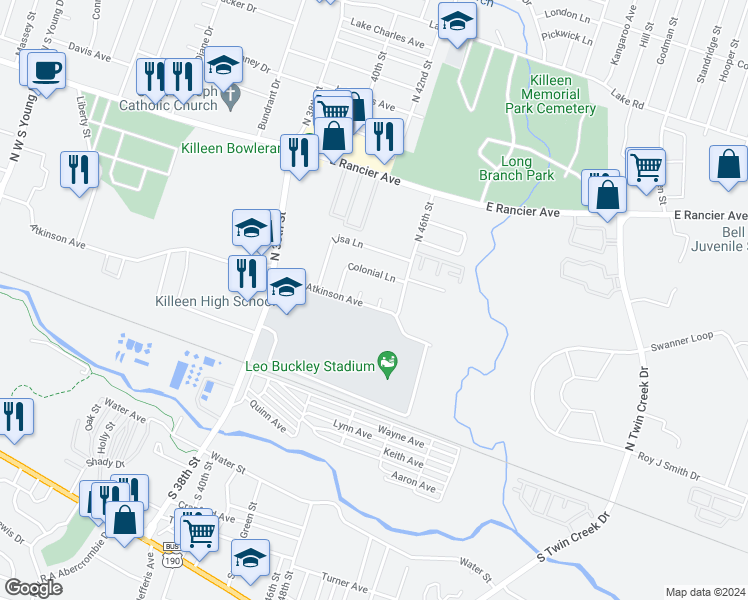 map of restaurants, bars, coffee shops, grocery stores, and more near 804 Colonial Lane in Killeen