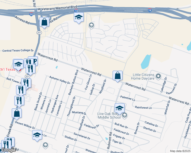 map of restaurants, bars, coffee shops, grocery stores, and more near 4502 Watercrest Road in Killeen