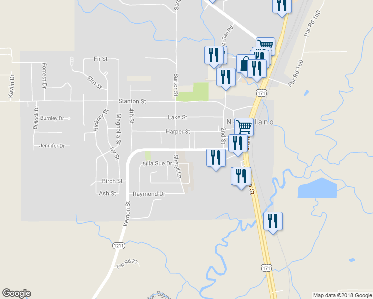 map of restaurants, bars, coffee shops, grocery stores, and more near Vernon Street in Newllano