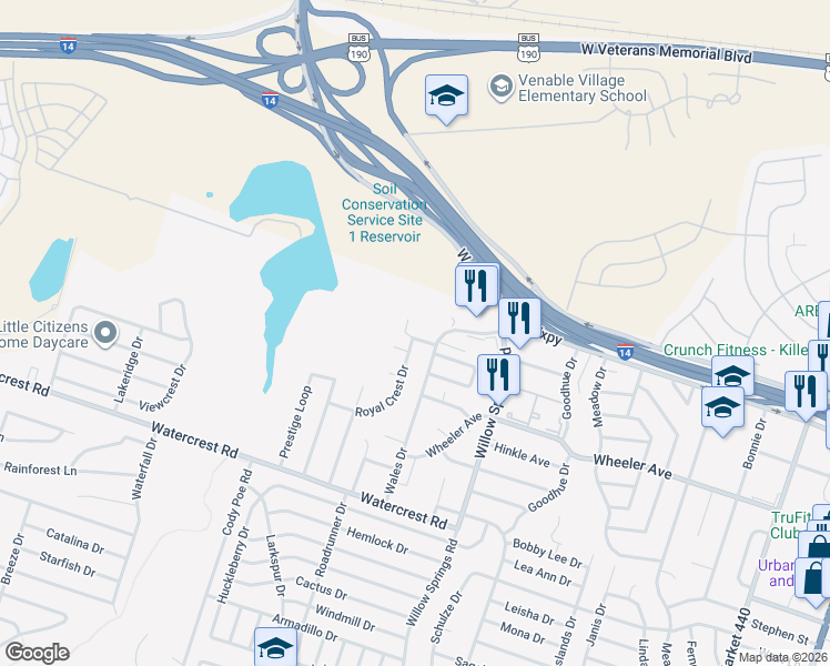 map of restaurants, bars, coffee shops, grocery stores, and more near 1018 Royal Vista Drive in Killeen