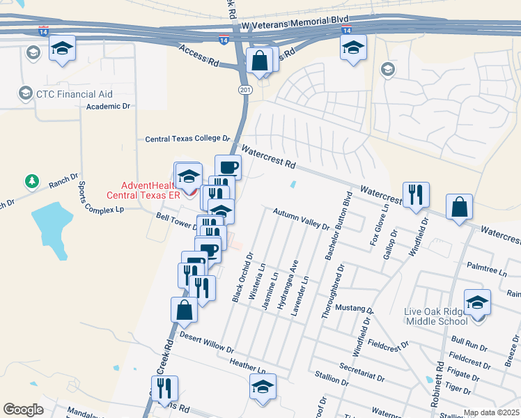 map of restaurants, bars, coffee shops, grocery stores, and more near 2401 Black Orchid Drive in Killeen