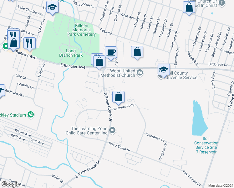 map of restaurants, bars, coffee shops, grocery stores, and more near 909 McDaniel Circle in Killeen