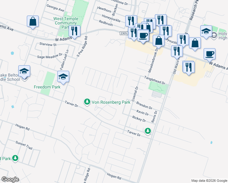 map of restaurants, bars, coffee shops, grocery stores, and more near 8122 Iron Gate Drive in Temple
