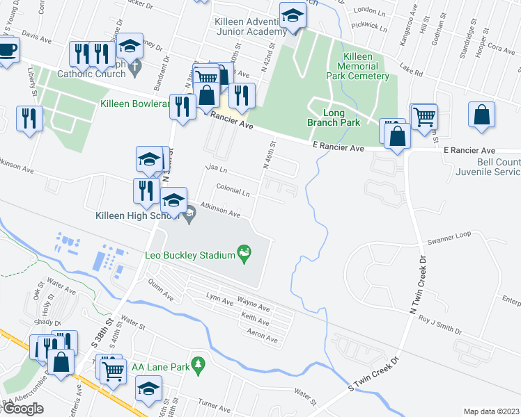 map of restaurants, bars, coffee shops, grocery stores, and more near 506 North 46th Street in Killeen