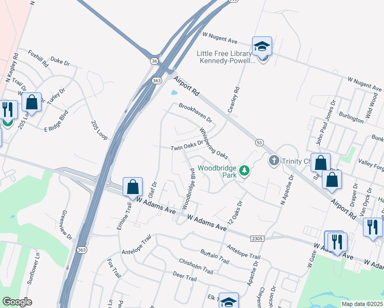 map of restaurants, bars, coffee shops, grocery stores, and more near 4016 Creekview Trail in Temple