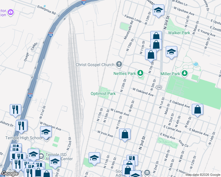 map of restaurants, bars, coffee shops, grocery stores, and more near 1402 North 15th Street in Temple