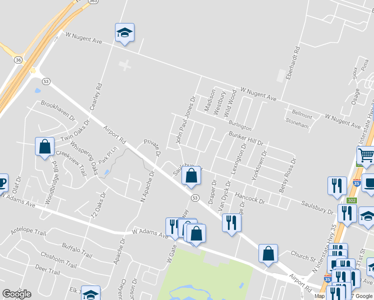 map of restaurants, bars, coffee shops, grocery stores, and more near 3017 Liberty Drive in Temple