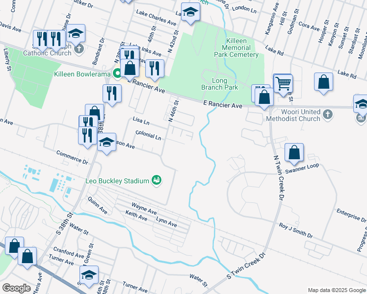 map of restaurants, bars, coffee shops, grocery stores, and more near 3410 Victoria Circle in Killeen