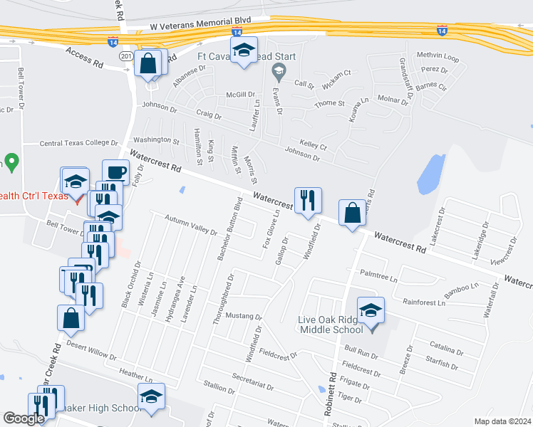 map of restaurants, bars, coffee shops, grocery stores, and more near 3605 Fox Glove Lane in Killeen
