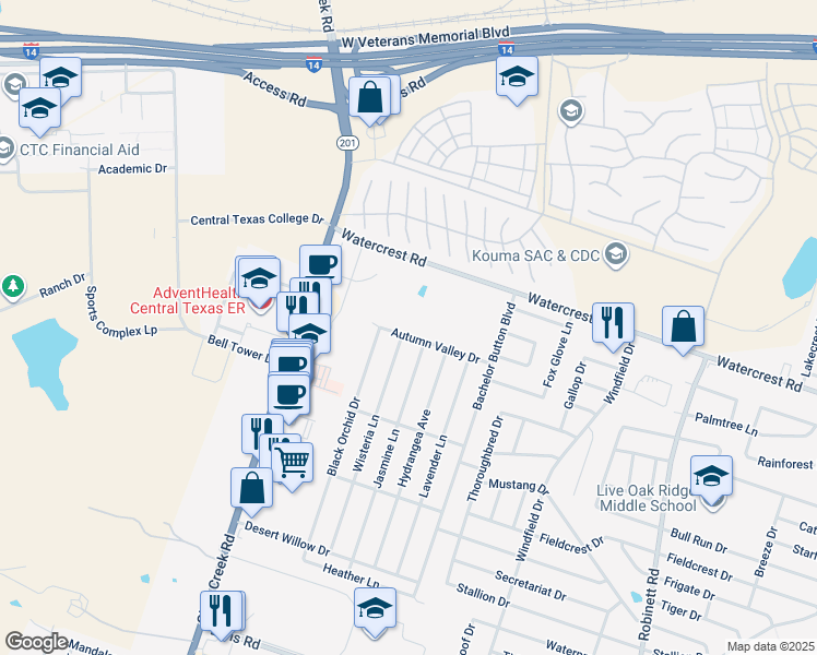 map of restaurants, bars, coffee shops, grocery stores, and more near 4905 Autumn Valley Drive in Killeen
