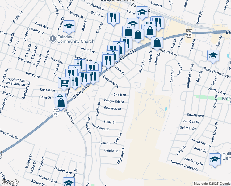 map of restaurants, bars, coffee shops, grocery stores, and more near 903 Chalk Street in Copperas Cove