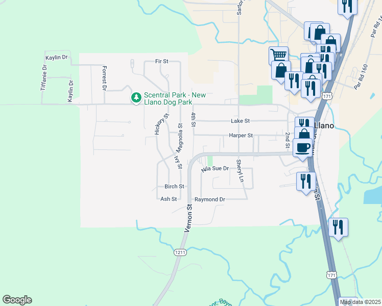 map of restaurants, bars, coffee shops, grocery stores, and more near 130 4th Street in New Llano
