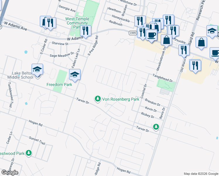 map of restaurants, bars, coffee shops, grocery stores, and more near 704 Copper Ridge Loop in Temple
