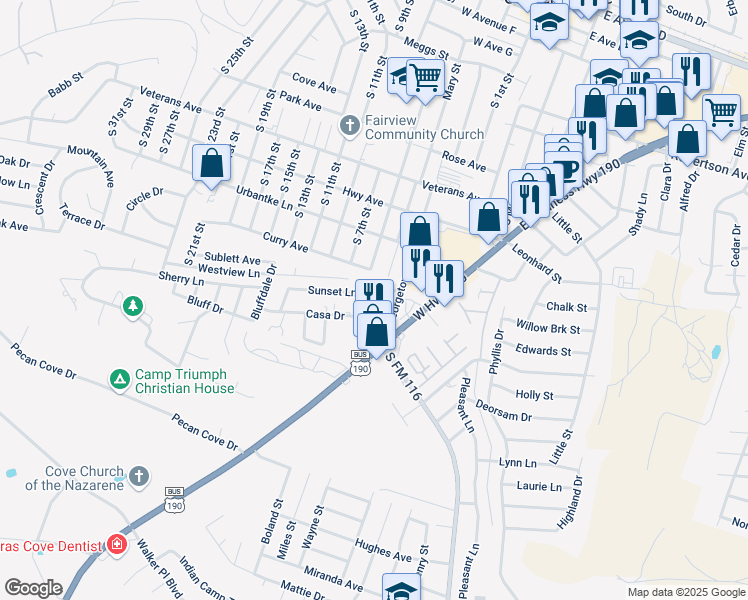 map of restaurants, bars, coffee shops, grocery stores, and more near 309 Sunset Lane in Copperas Cove