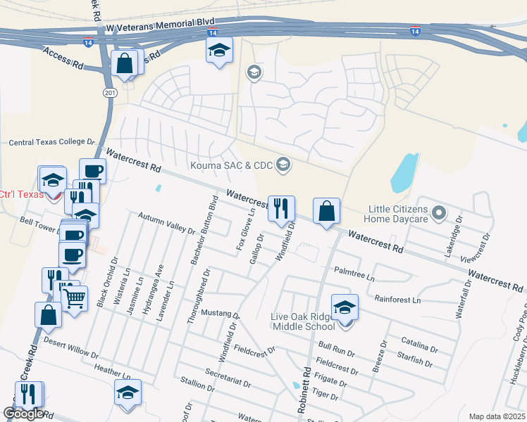 map of restaurants, bars, coffee shops, grocery stores, and more near 4502 Watercrest Road in Killeen