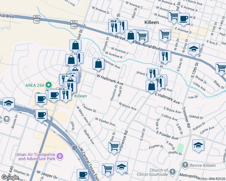 map of restaurants, bars, coffee shops, grocery stores, and more near 719 Houston Street in Killeen