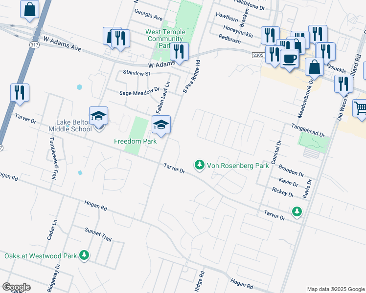 map of restaurants, bars, coffee shops, grocery stores, and more near 605 North Pea Ridge Road in Temple