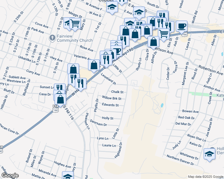 map of restaurants, bars, coffee shops, grocery stores, and more near 903 Chalk Street in Copperas Cove