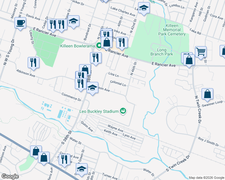 map of restaurants, bars, coffee shops, grocery stores, and more near 502 Colonial Lane in Killeen