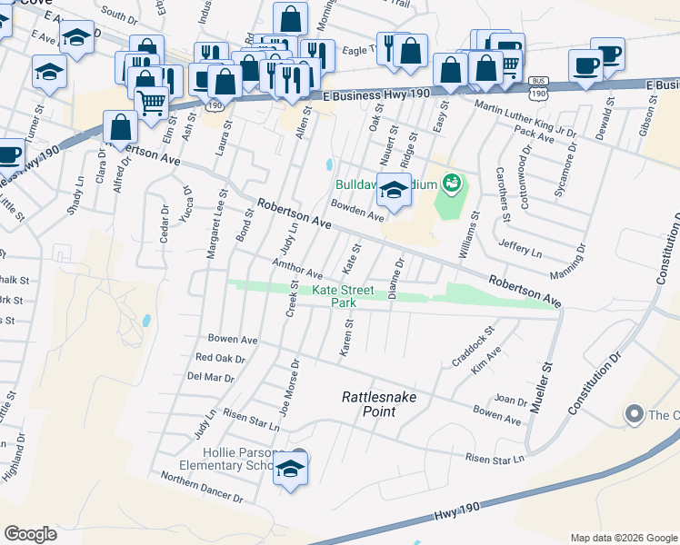 map of restaurants, bars, coffee shops, grocery stores, and more near 518 Kate Street in Copperas Cove