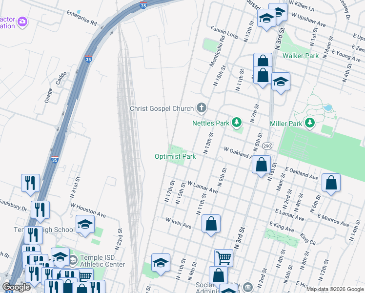 map of restaurants, bars, coffee shops, grocery stores, and more near 1402 North 15th Street in Temple