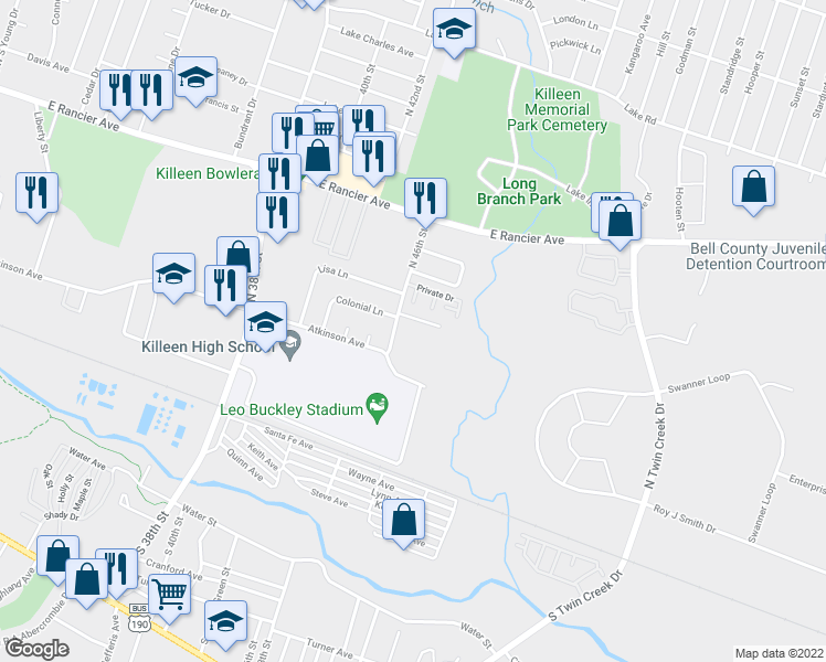 map of restaurants, bars, coffee shops, grocery stores, and more near 506 North 46th Street in Killeen