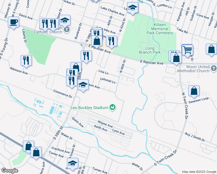 map of restaurants, bars, coffee shops, grocery stores, and more near 804 Colonial Lane in Killeen