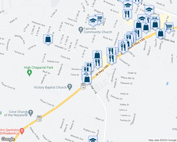 map of restaurants, bars, coffee shops, grocery stores, and more near 309 Sunset Lane in Copperas Cove