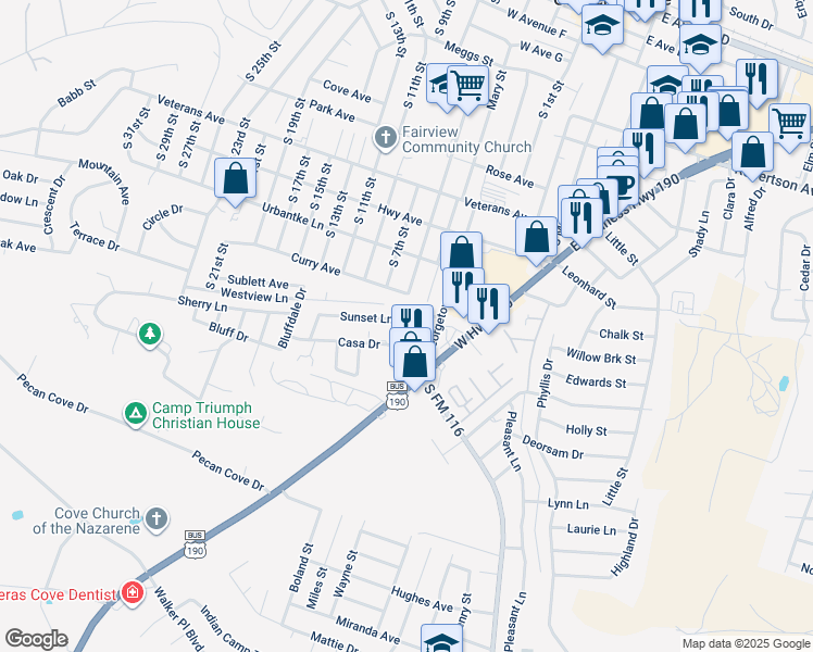 map of restaurants, bars, coffee shops, grocery stores, and more near 309 Sunset Lane in Copperas Cove