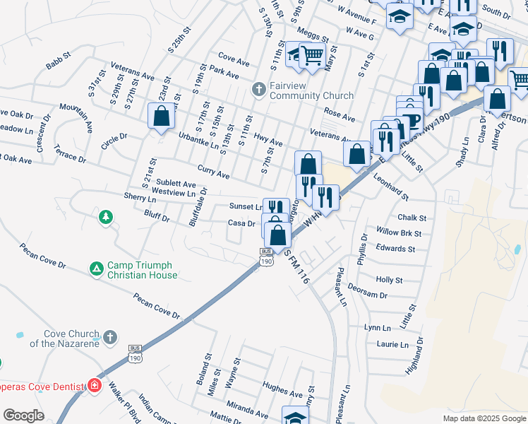 map of restaurants, bars, coffee shops, grocery stores, and more near 309 Sunset Lane in Copperas Cove