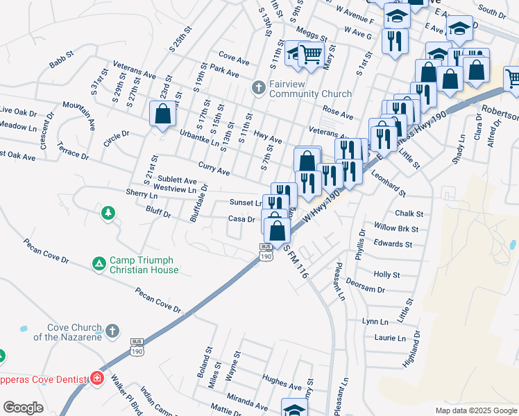 map of restaurants, bars, coffee shops, grocery stores, and more near 407 Sunset Lane in Copperas Cove