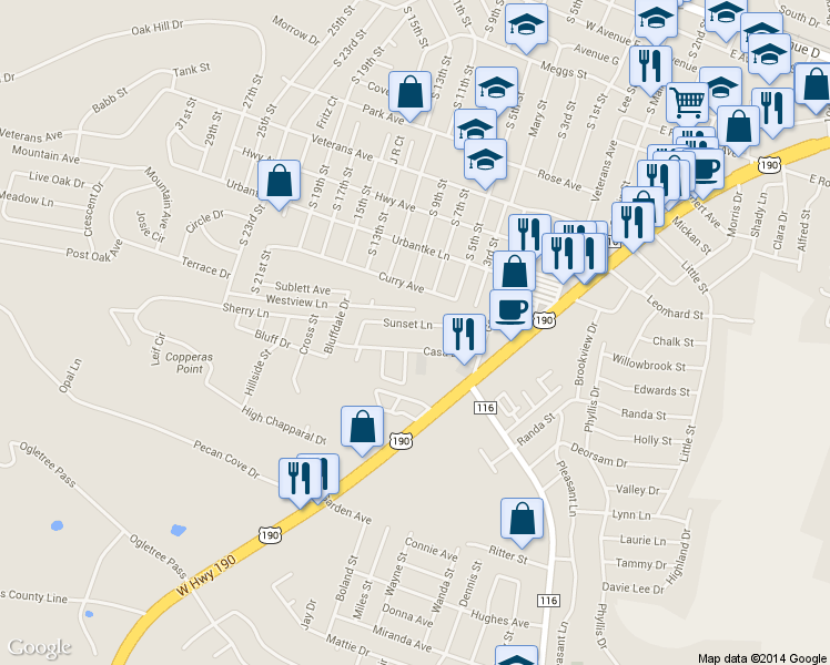 map of restaurants, bars, coffee shops, grocery stores, and more near 407 Sunset Lane in Copperas Cove