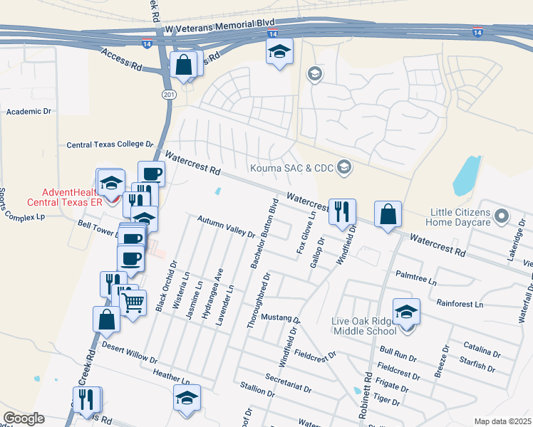 map of restaurants, bars, coffee shops, grocery stores, and more near 2209 Bachelor Button Boulevard in Killeen