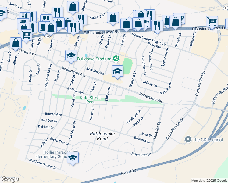 map of restaurants, bars, coffee shops, grocery stores, and more near 509 Dianne Drive in Copperas Cove