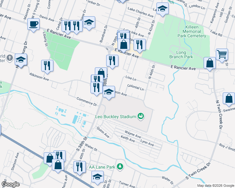 map of restaurants, bars, coffee shops, grocery stores, and more near 3220 Atkinson Avenue in Killeen