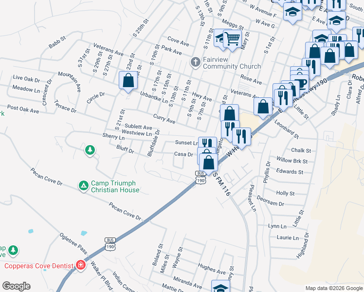 map of restaurants, bars, coffee shops, grocery stores, and more near 505 Sunset Lane in Copperas Cove