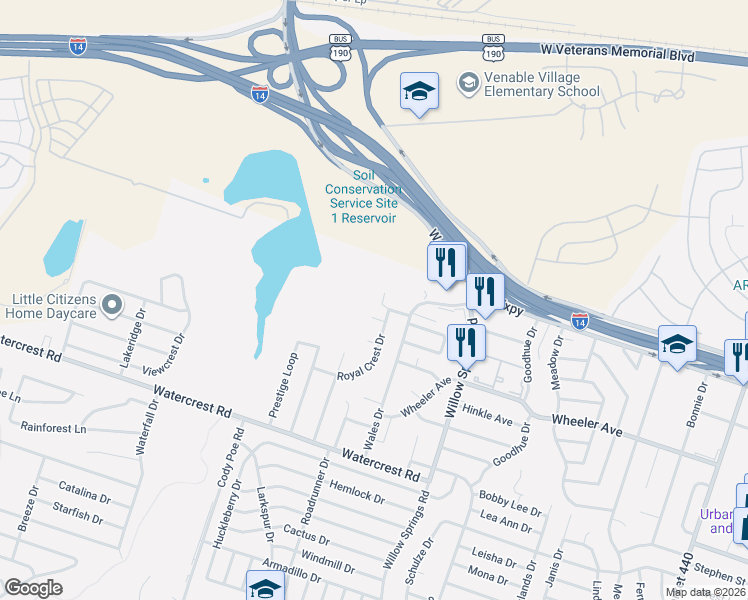 map of restaurants, bars, coffee shops, grocery stores, and more near 2701 Watercrest Road in Killeen