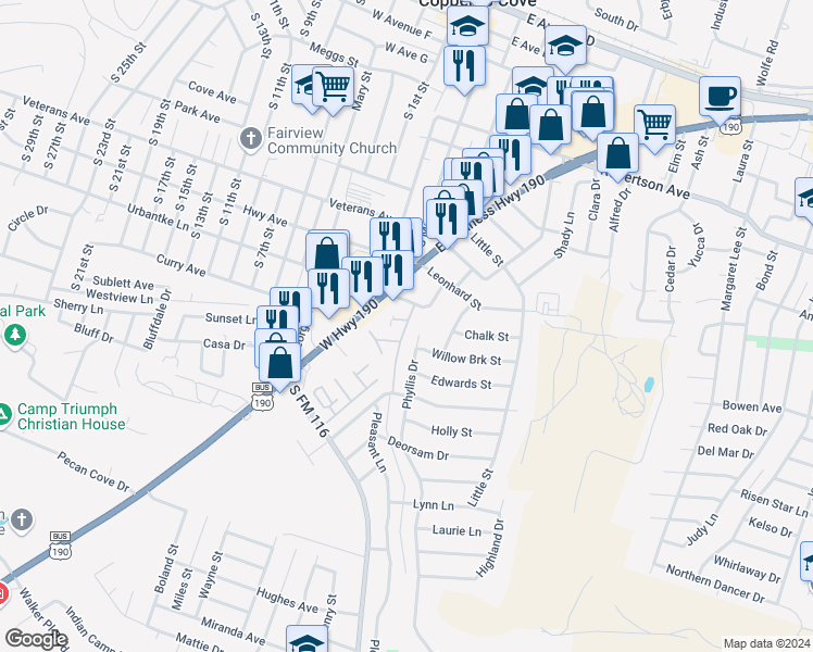map of restaurants, bars, coffee shops, grocery stores, and more near 935 Brookview Drive in Copperas Cove