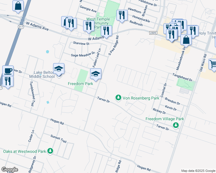 map of restaurants, bars, coffee shops, grocery stores, and more near 605 North Pea Ridge Road in Temple