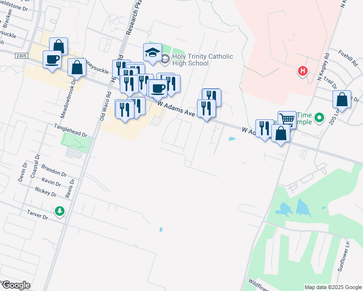 map of restaurants, bars, coffee shops, grocery stores, and more near 210 Burnham Drive in Temple